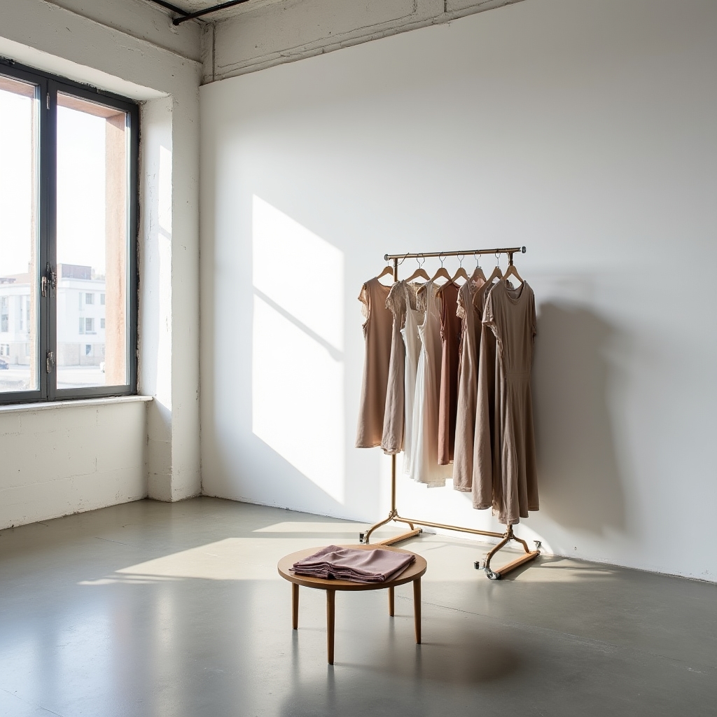 Minimalist studio space in Minneapolis with natural light, a clothing rack with dresses, and a clean white wall