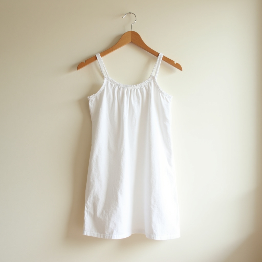 Minimalist white dress hanging on a wooden hanger against a pale wall, freshly washed and air-drying in soft light