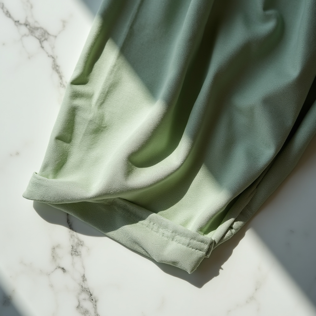 Close-up of linen dress fabric texture and clean hem stitching detail