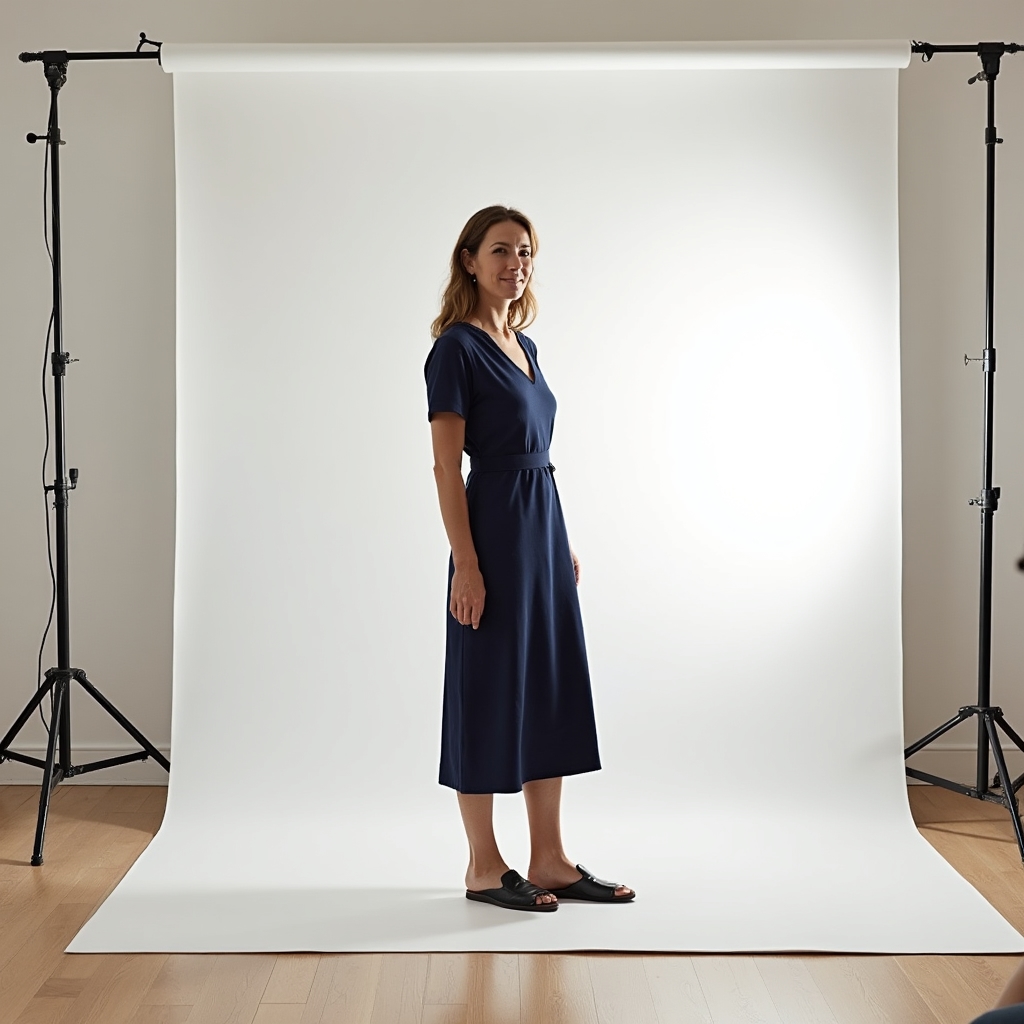 Natural light photography setup showing a dress on a model near a large window with soft daylight