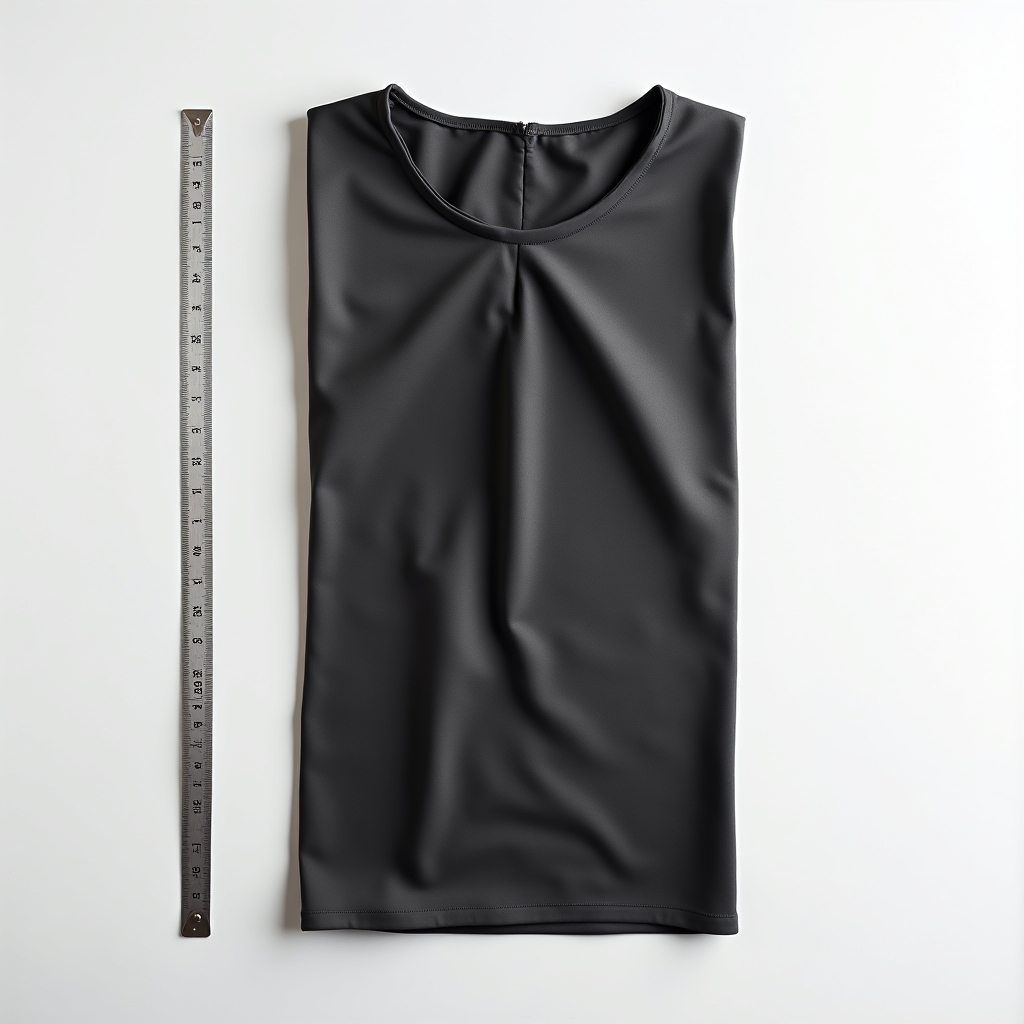 Flat lay of a minimalist dress with a measuring tape showing garment dimensions on a clean white surface