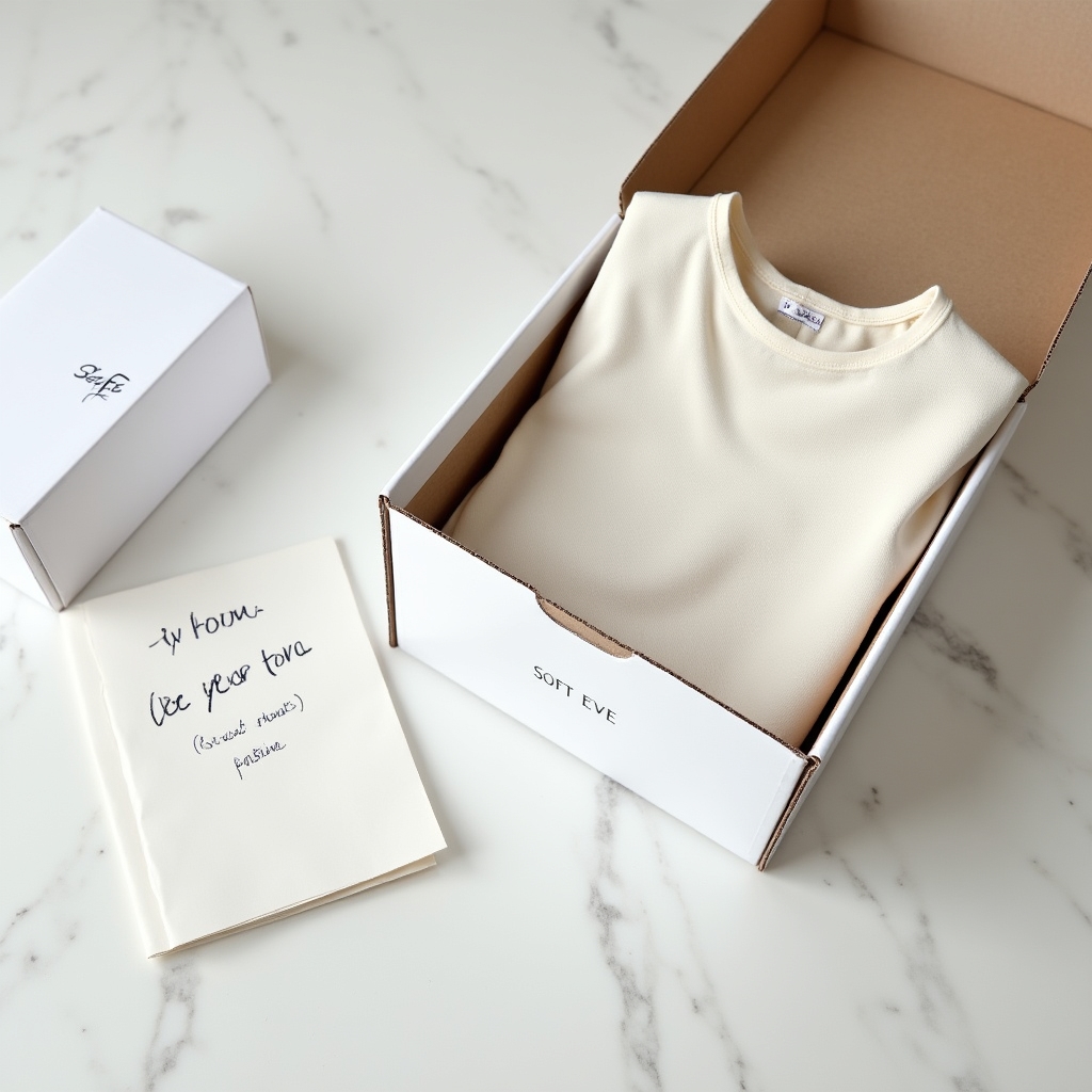 Neatly folded minimalist dress being placed back into clean white packaging with a handwritten return label, soft neutral tones