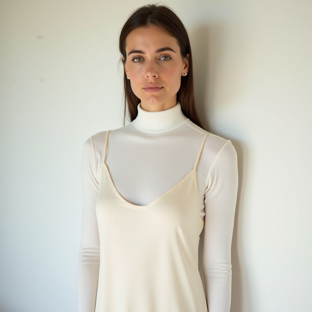 Woman in a minimalist slip dress layered over a fitted white turtleneck, photographed from the waist up in natural light